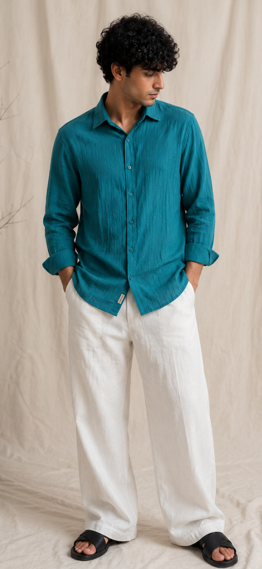 Teal Crinkle Gauge Shirt
