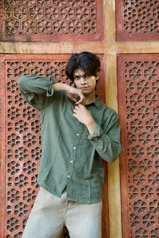 Olive Crinkle Gauge Shirt