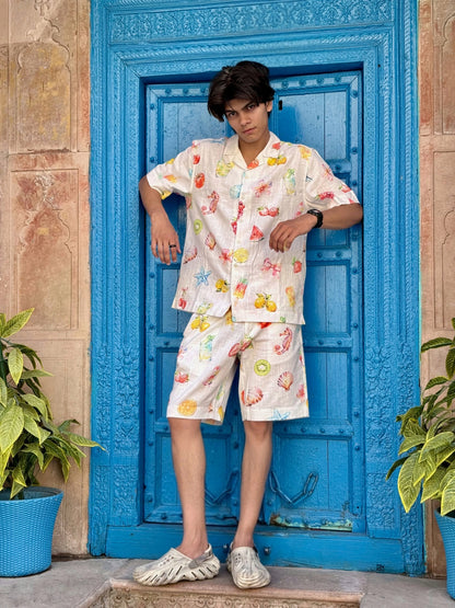 Cotton Slub White Printed Co-Ord Set