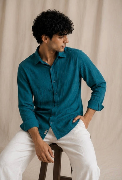Teal Crinkle Gauge Shirt