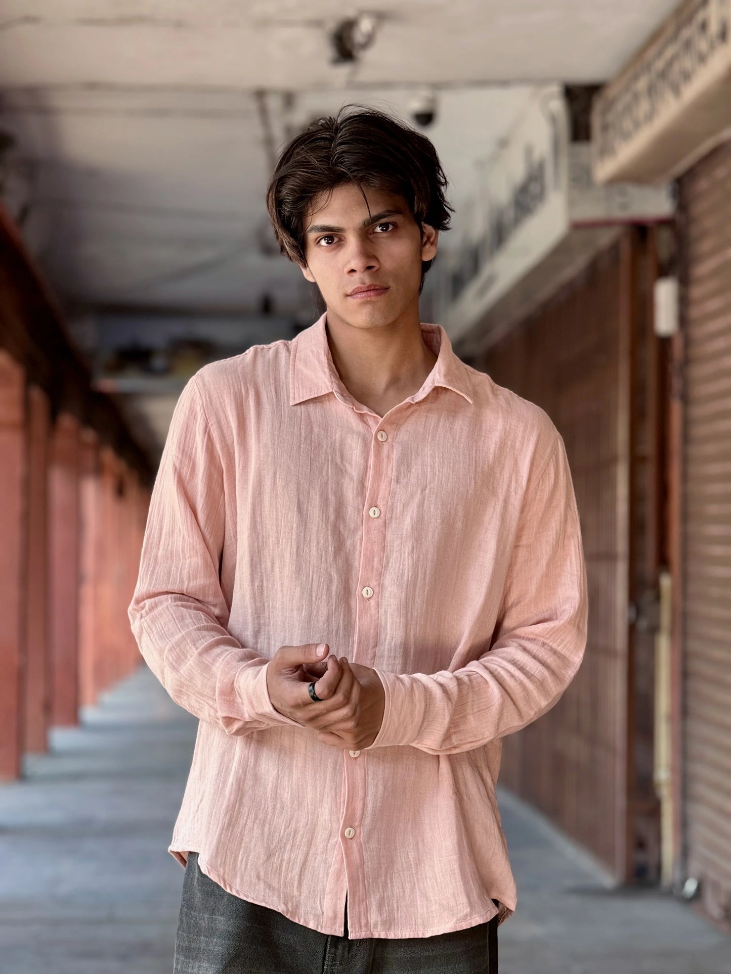 Light Peach Crinkle Gauge Shirt