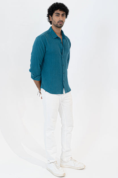 Teal Crinkle Gauge Shirt