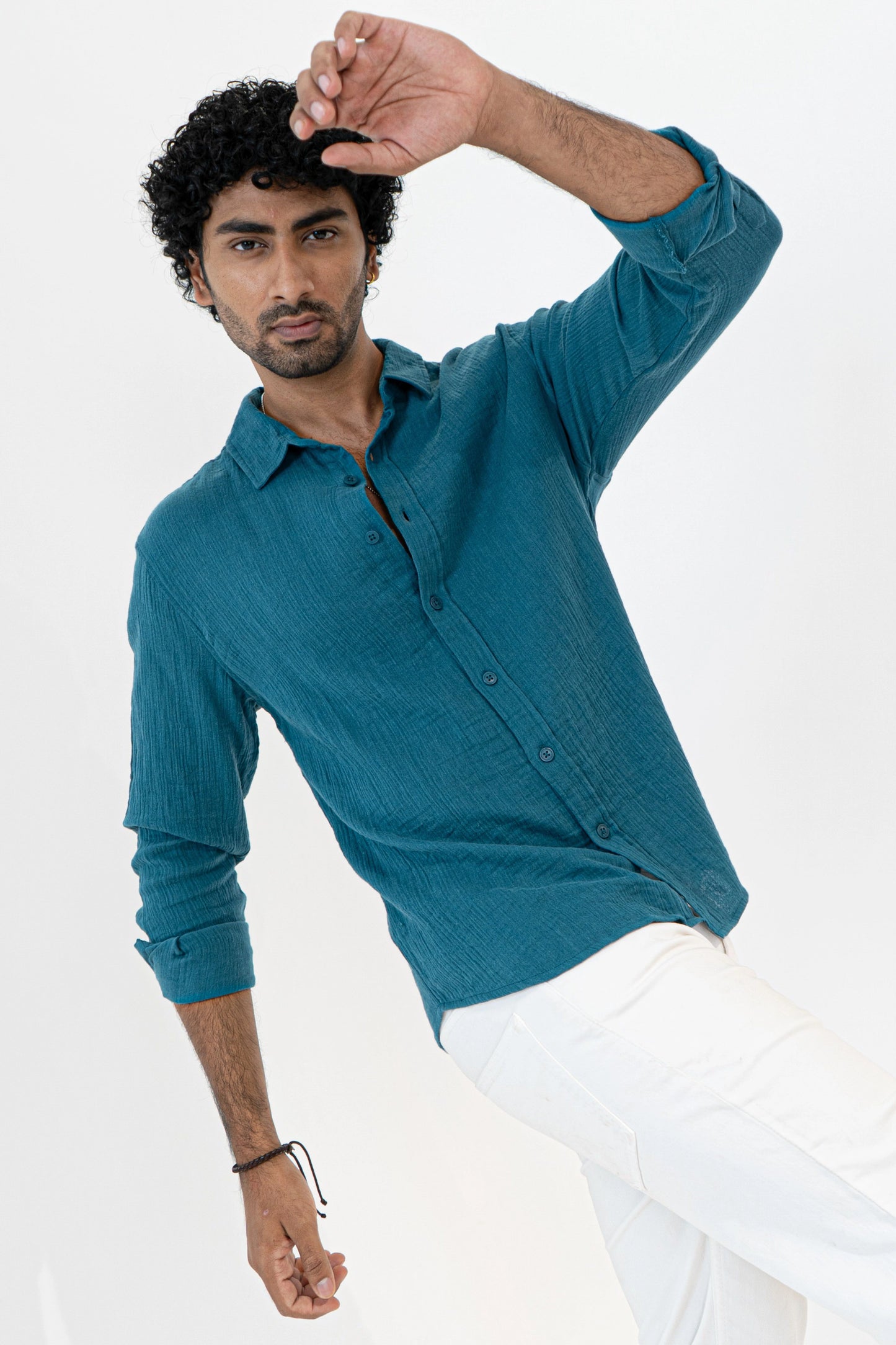 Teal Crinkle Gauge Shirt