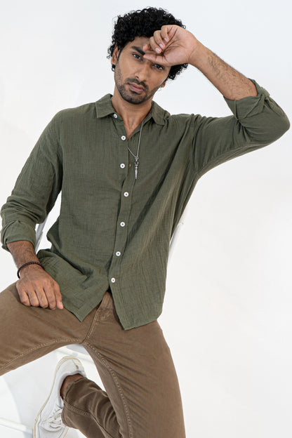 Olive Crinkle Gauge Shirt