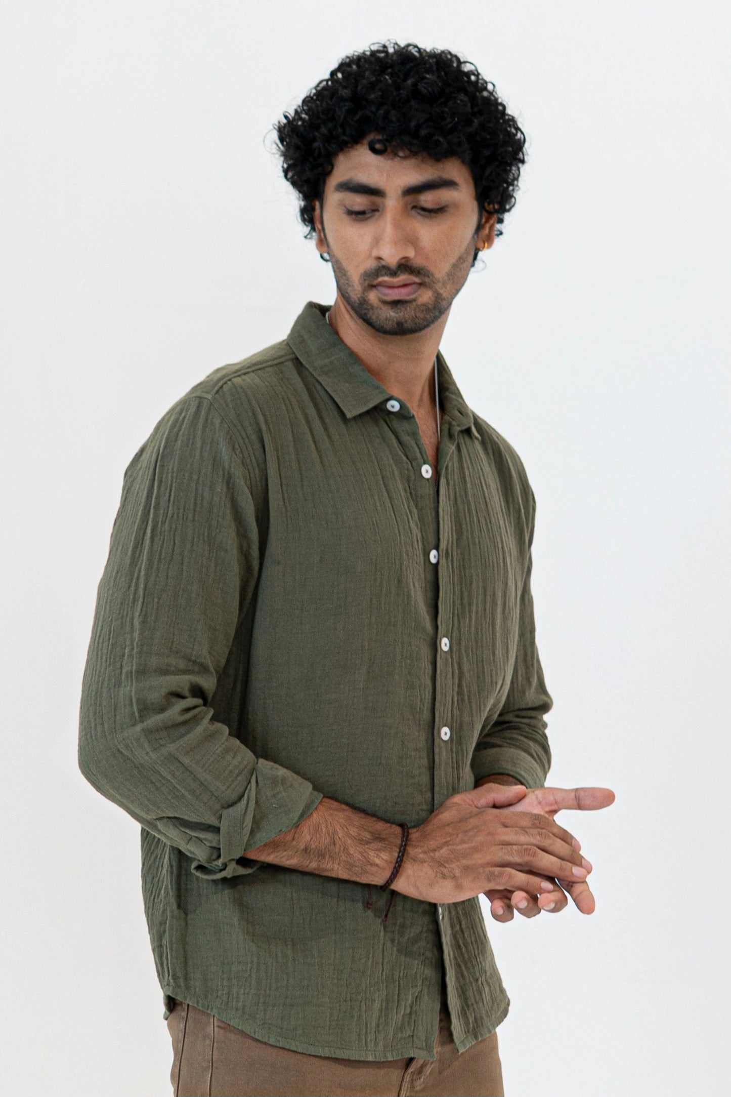 Olive Crinkle Gauge Shirt