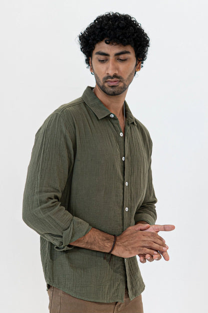 Olive Crinkle Gauge Shirt