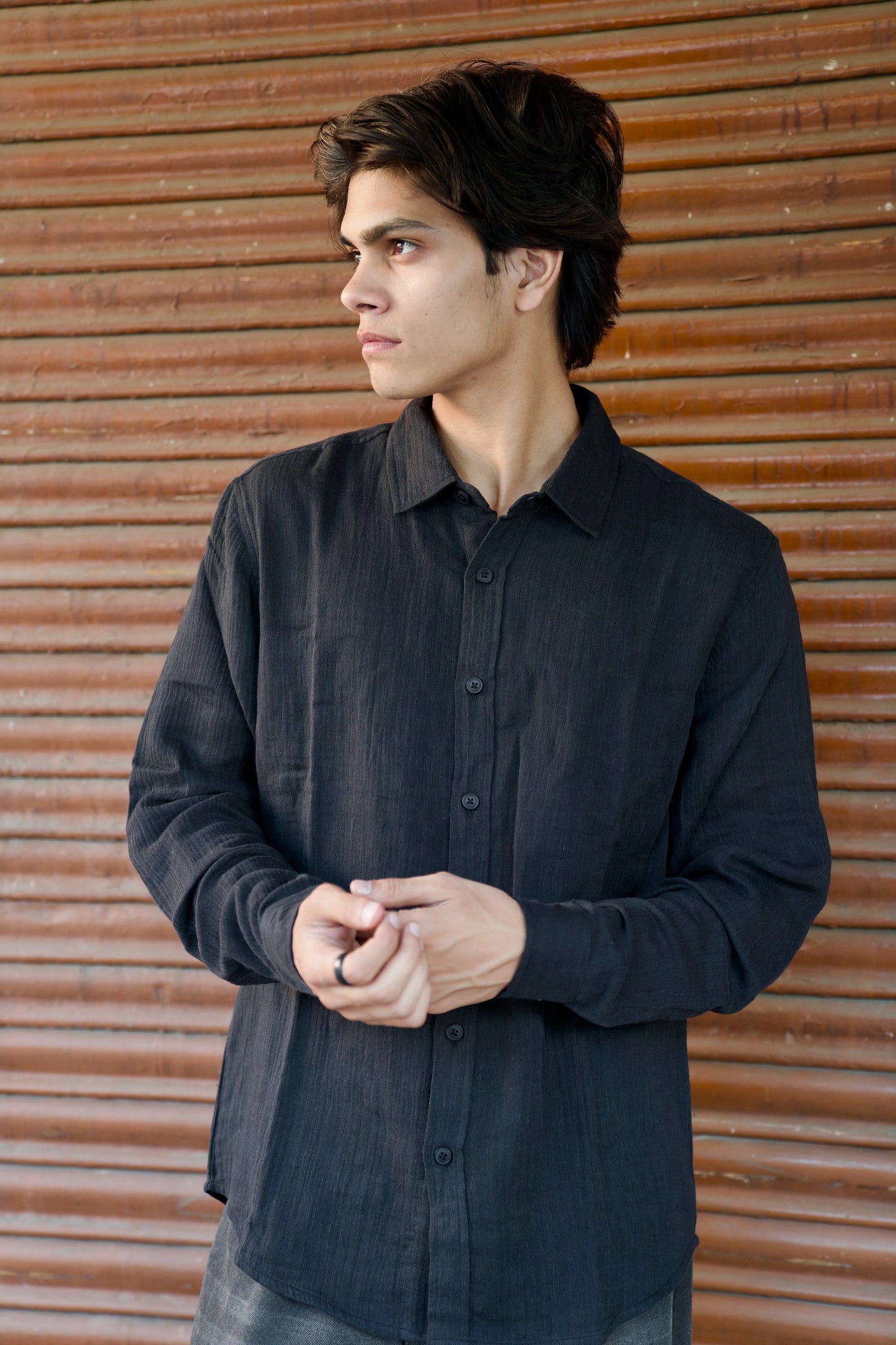 Black Crinkle Gauge Shirt