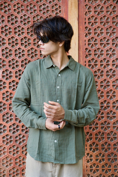 Olive Crinkle Gauge Shirt