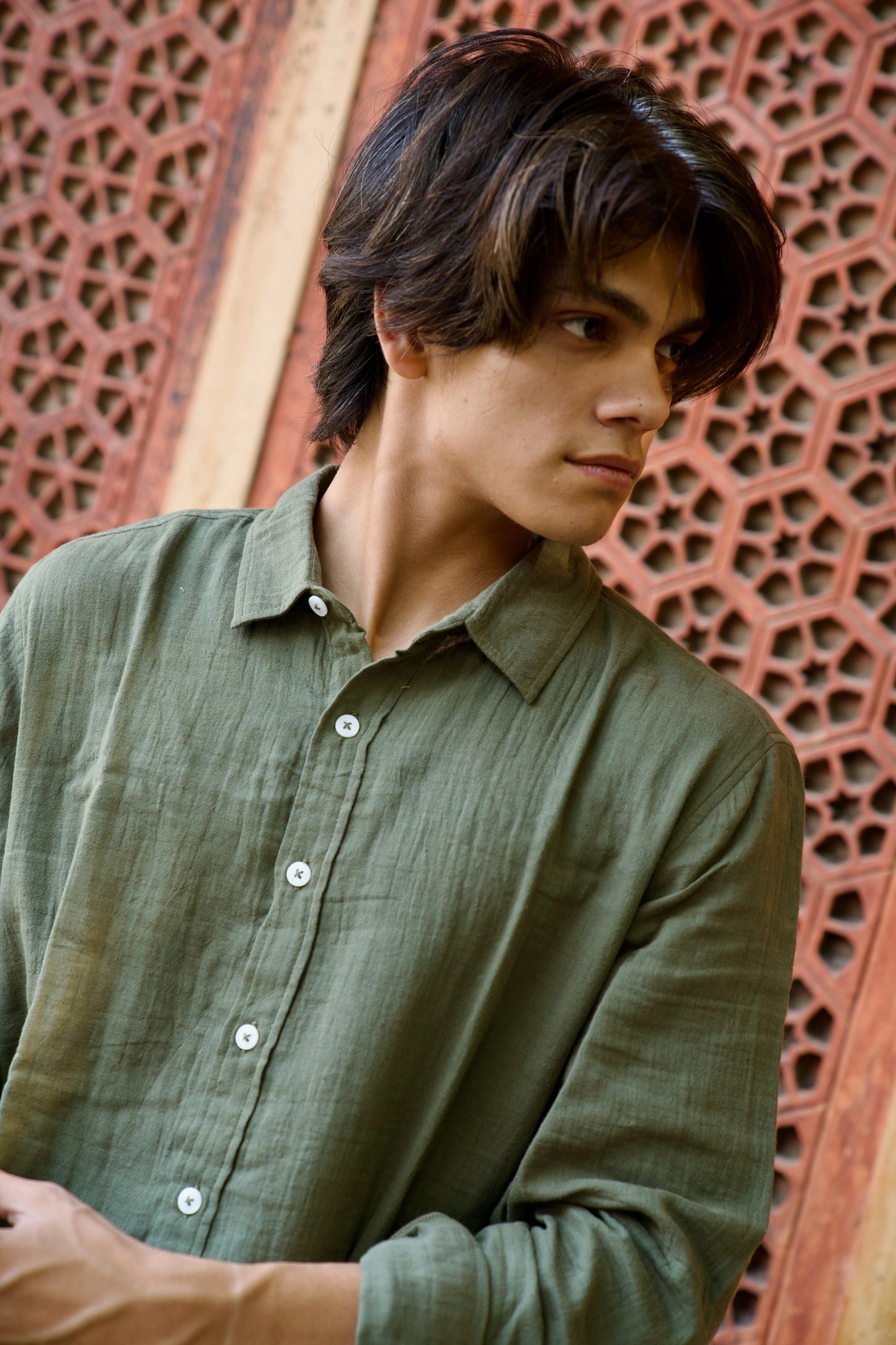 Olive Crinkle Gauge Shirt