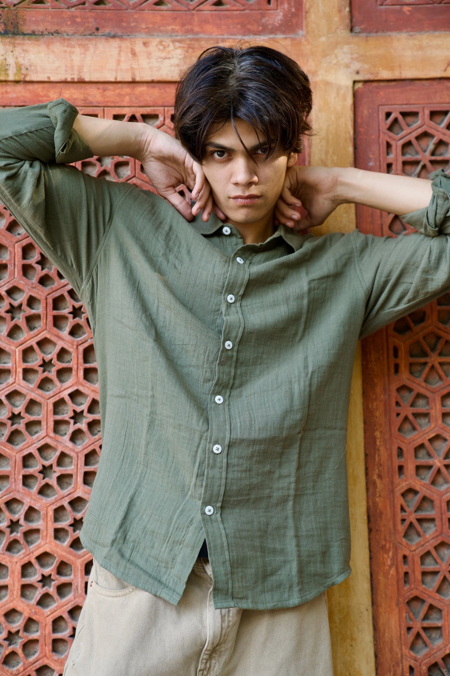 Olive Crinkle Gauge Shirt