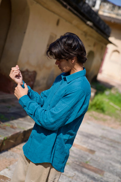 Teal Crinkle Gauge Shirt